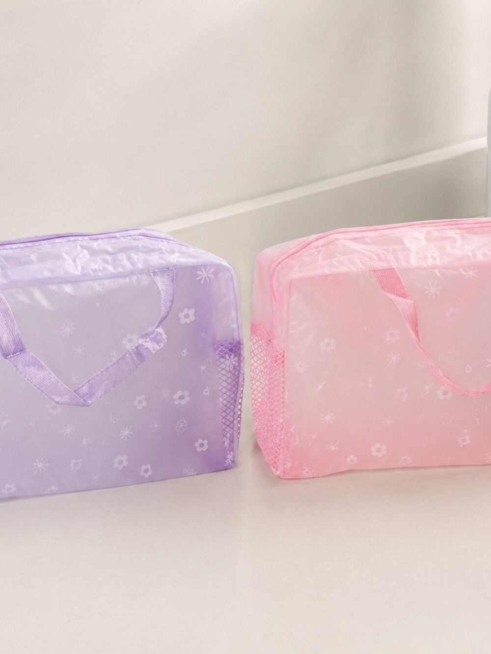 Pink And Purple Floral Cosmetic Bag Clear Travel Makeup Organizer Set Of 2 - Picture 2 of 5